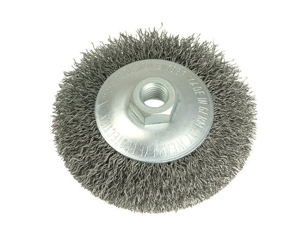 CONICAL KNOT BRUSH 100MM M14 BORE 0.35 STEEL WIRE